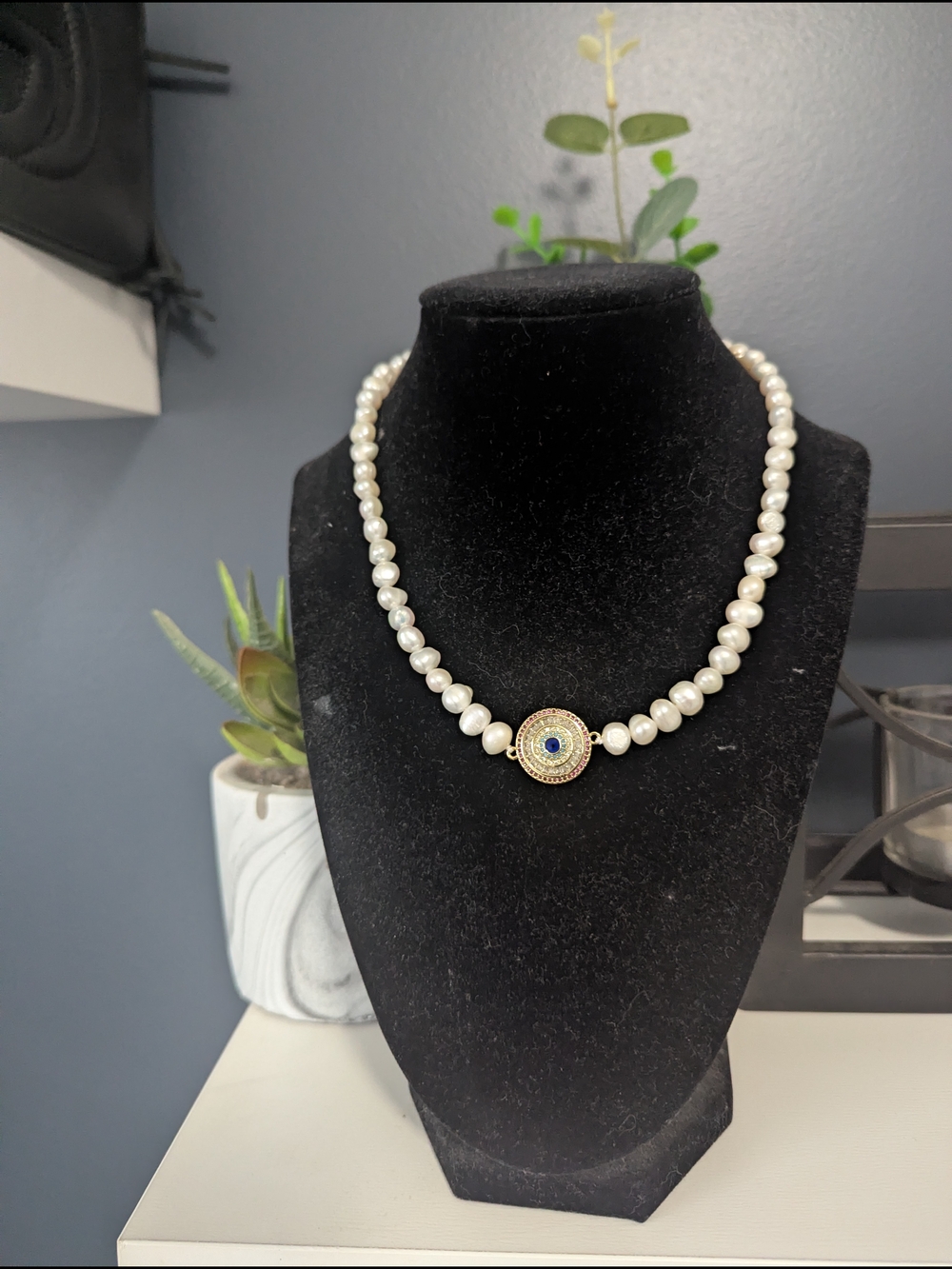 Elegant Pearl Necklace with Gold and Blue Evil Eye Medallion - Women Jewelry